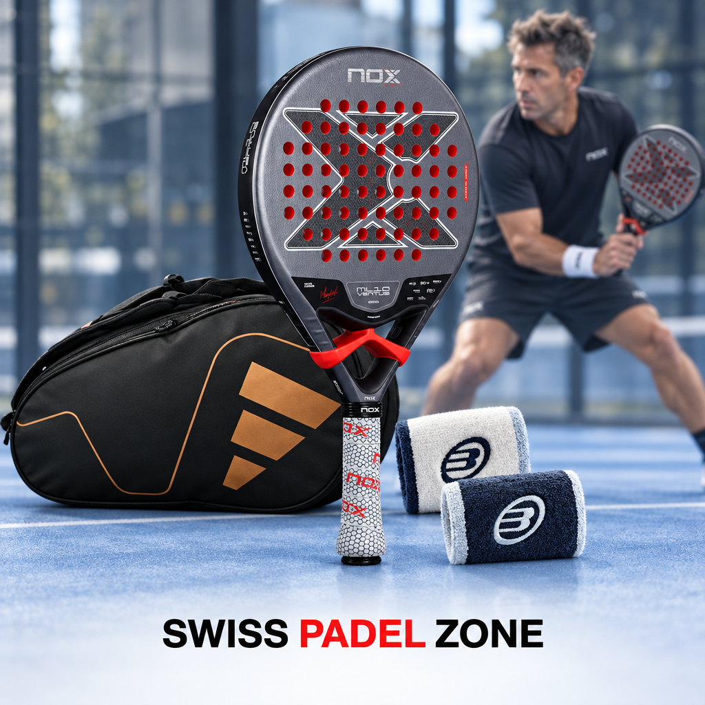 Pack padel intermédiaire contrôle avec NOX ML10 Ventus Control, sac Adidas, poignets Bullpadel et Miguel Lamperti en arrière-plan