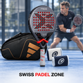 Pack padel intermédiaire contrôle avec NOX ML10 Ventus Control, sac Adidas, poignets Bullpadel et Miguel Lamperti en arrière-plan